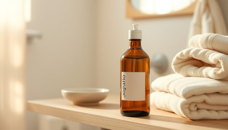 Amber glass dropper bottle of golden jojoba oil on a bathroom shelf beside towels and a small skincare routine