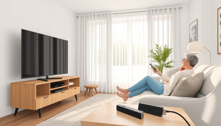 Android-televisio olohuoneessa: katselija kaukosäädin kädessään ja mediatoistin pöydällä sovellusten valintaa varten.