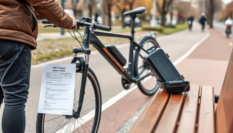 Polkupyöräilijä säätää sähköavusteisen pyöränsä istuinkorkeutta asfaltoidulla kaupunkien pyörätiellä aamulla.